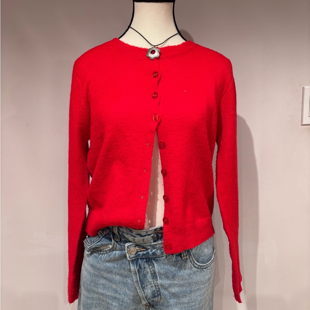 Workshop Republic Clothing Red Button-Front Cropped Cardigan